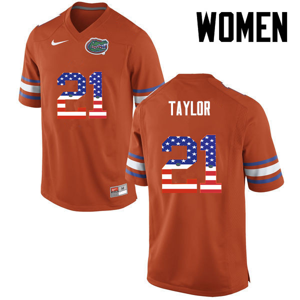 Women Florida Gators #21 Fred Taylor College Football USA Flag Fashion Jerseys-Orange - Click Image to Close